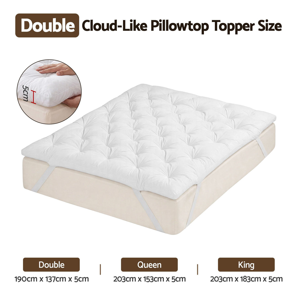Double Pillow Top Mattress Topper 5cm Thick 1300GSM White Duck Feather - White