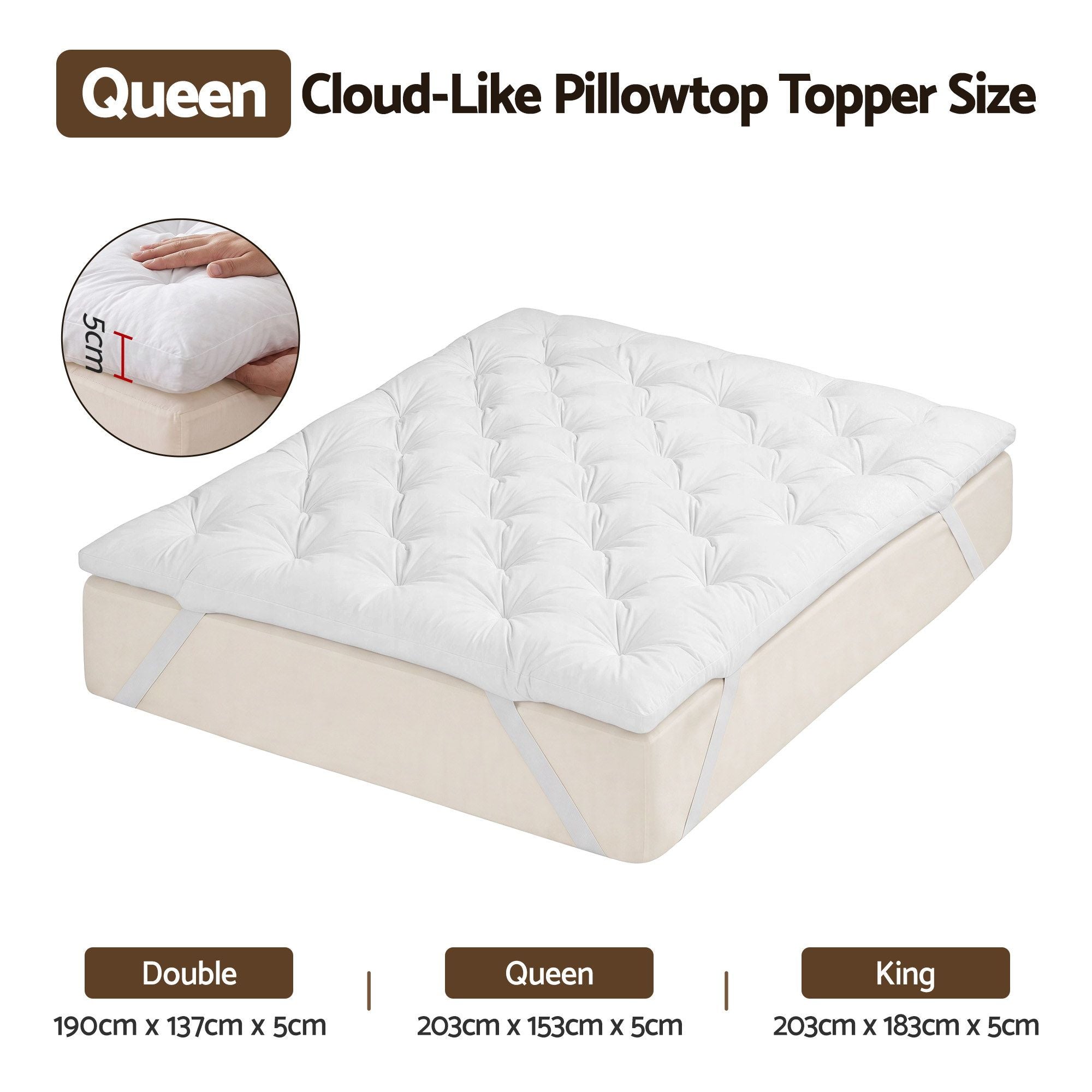 Queen Pillow Top Mattress Topper 5cm Thick 1300GSM White Duck Feather - White