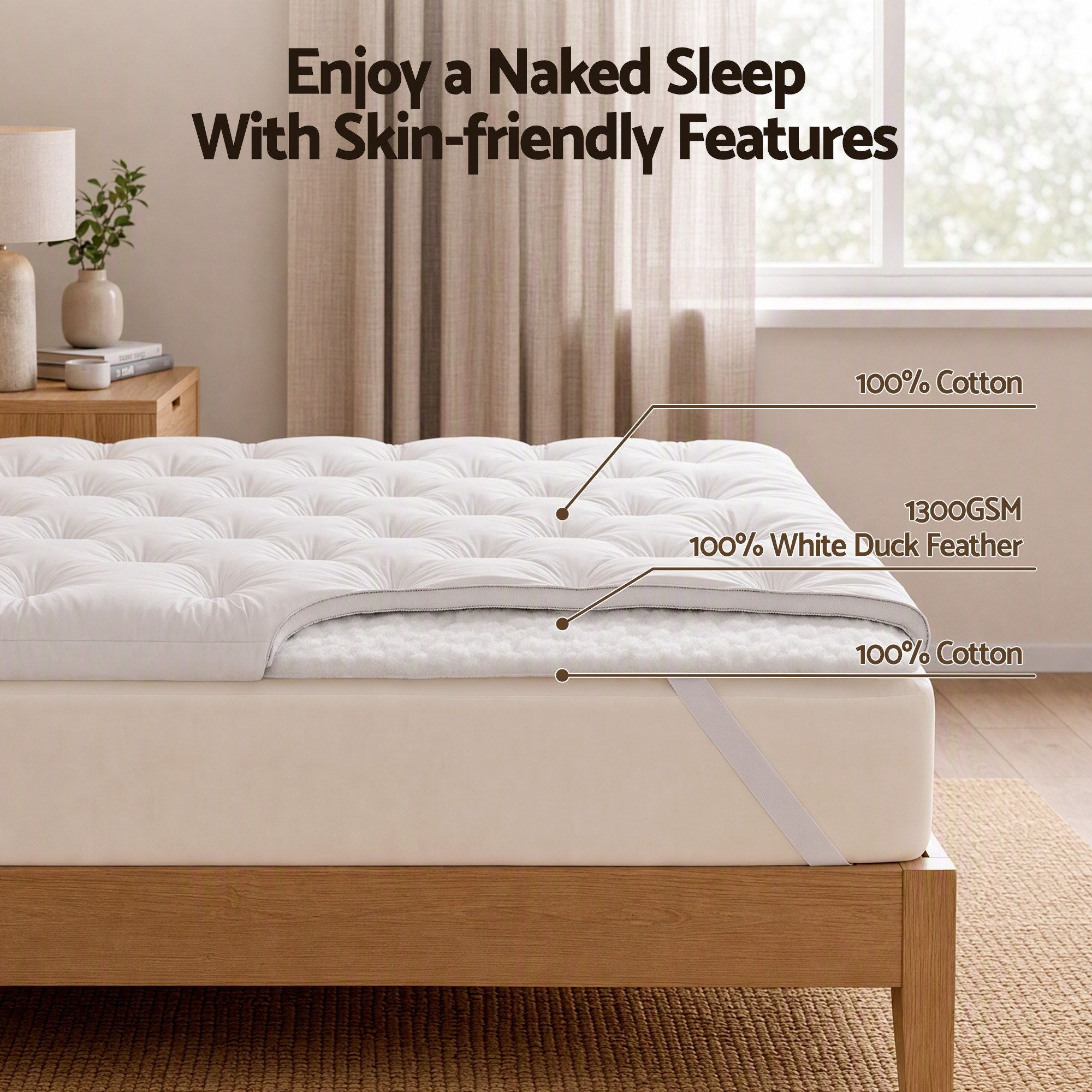 Queen Pillow Top Mattress Topper 5cm Thick 1300GSM White Duck Feather - White