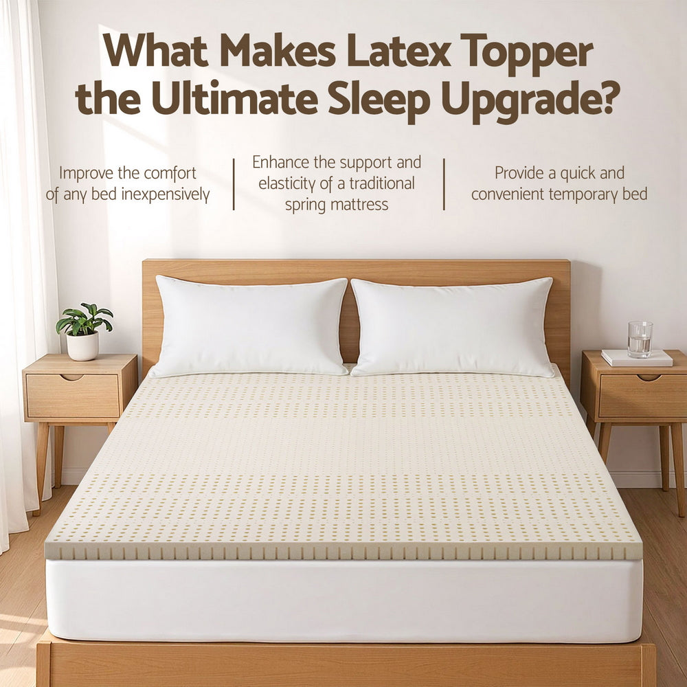Bedding Latex Mattress Topper 5cm King on wooden bed frame with white pillows and bedside tables in bedroom setting