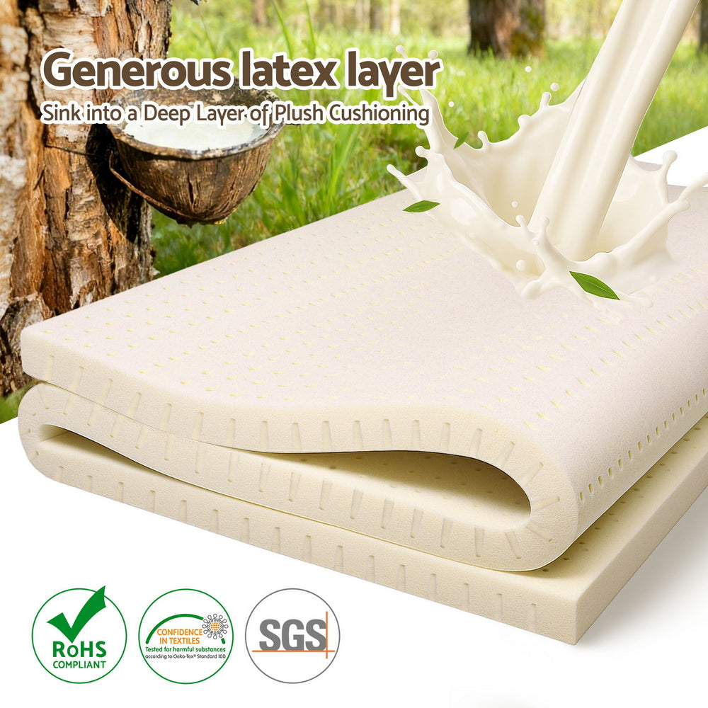 Bedding Latex Mattress Topper 5cm King showing plush natural latex layer with certifications on white background