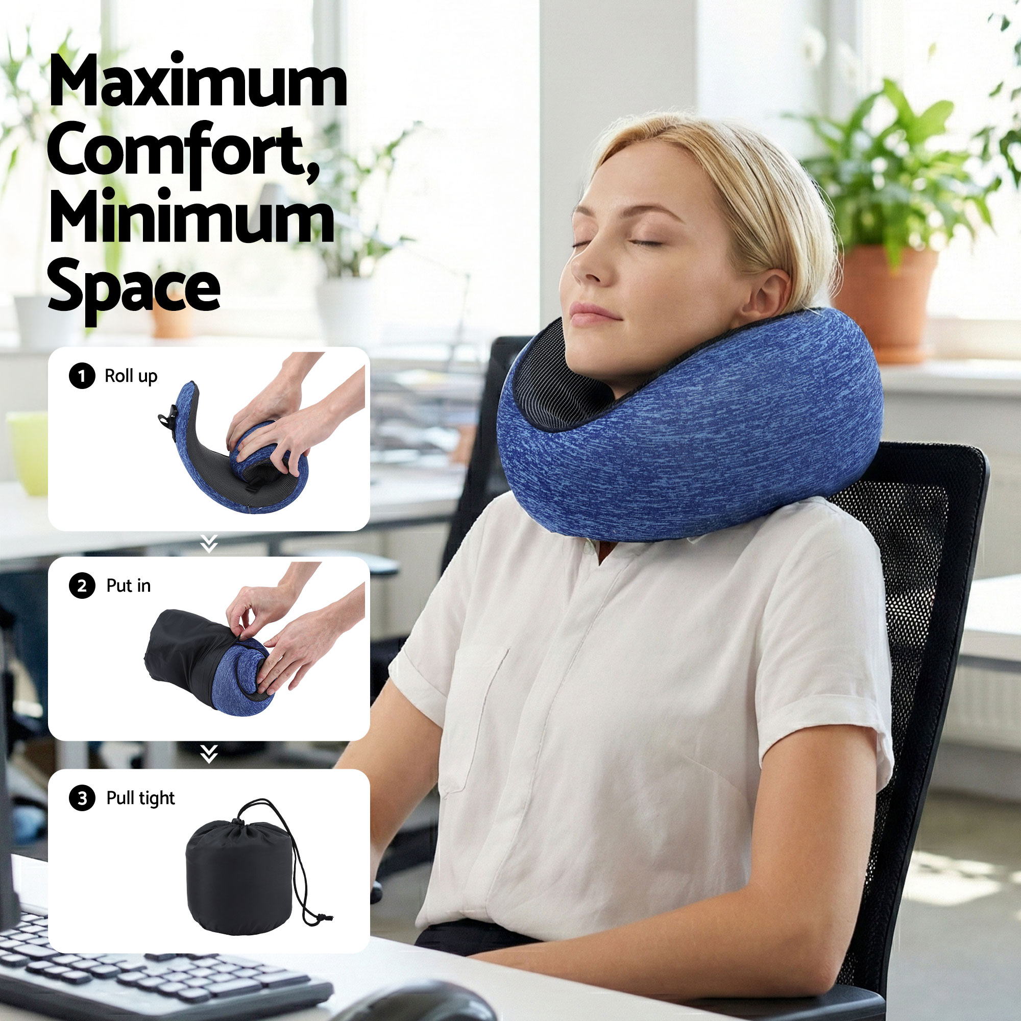 Memory Foam Travel Pillow with Storage Bag - Blue
