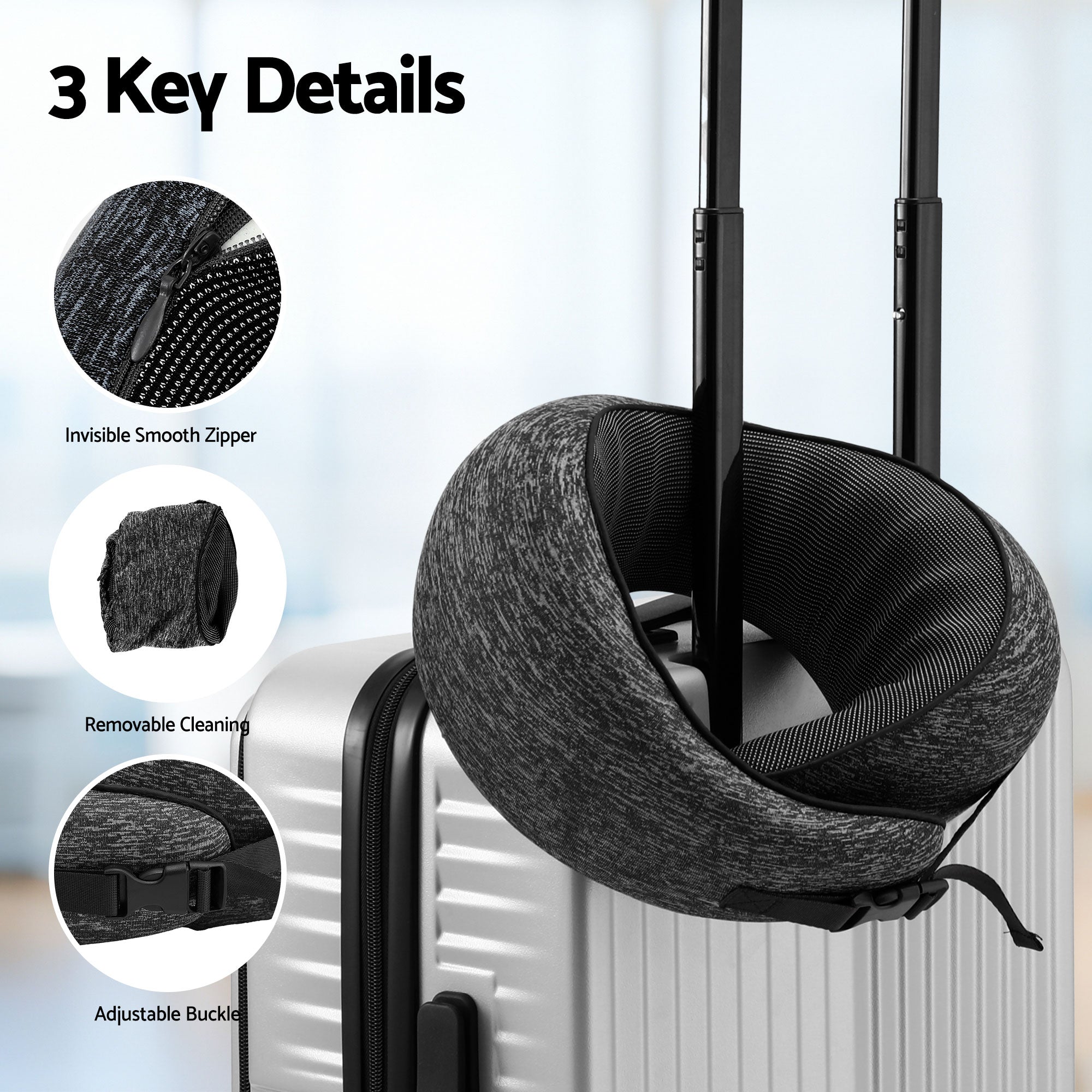 Memory Foam Travel Pillow with Storage Bag - Dark Grey