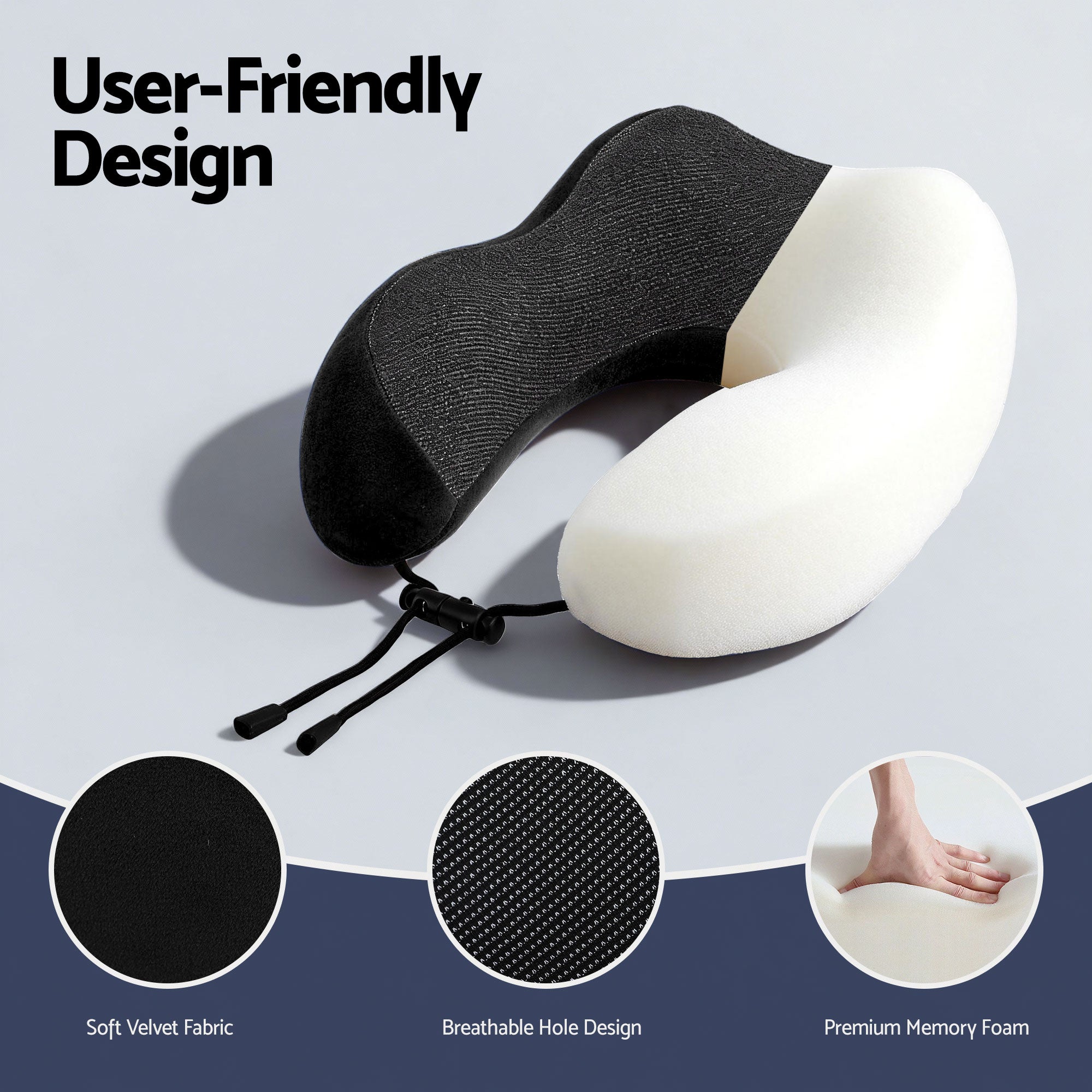 Memory Foam Travel Pillow with Storage Bag - Black