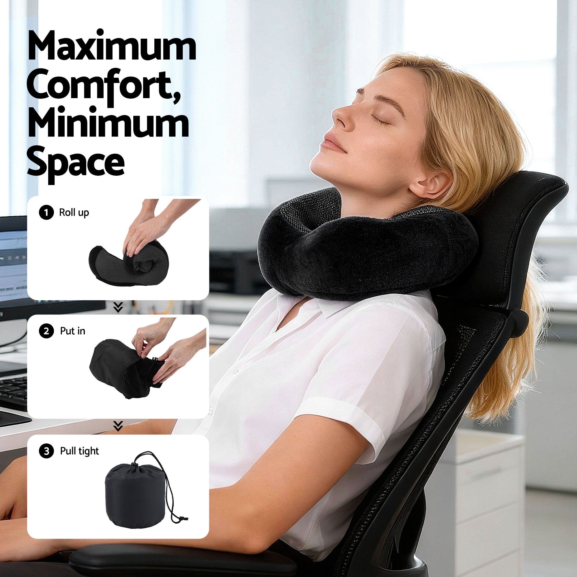 Memory Foam Travel Pillow with Storage Bag - Black