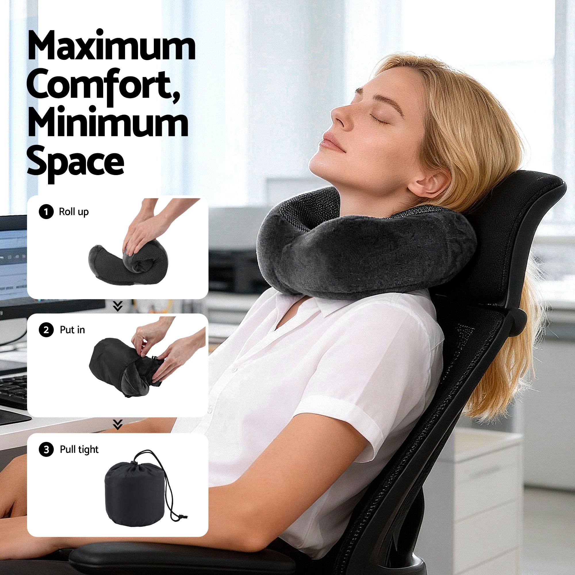 Memory Foam Travel Pillow with Storage Bag - Grey