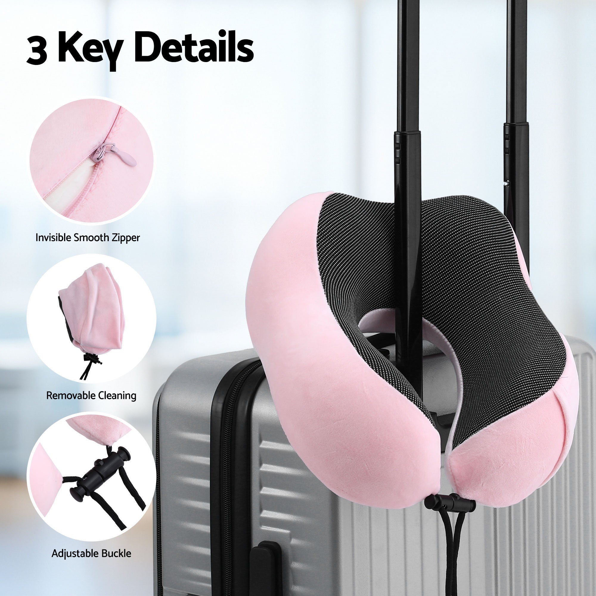Memory Foam Travel Pillow with Storage Bag - Pink