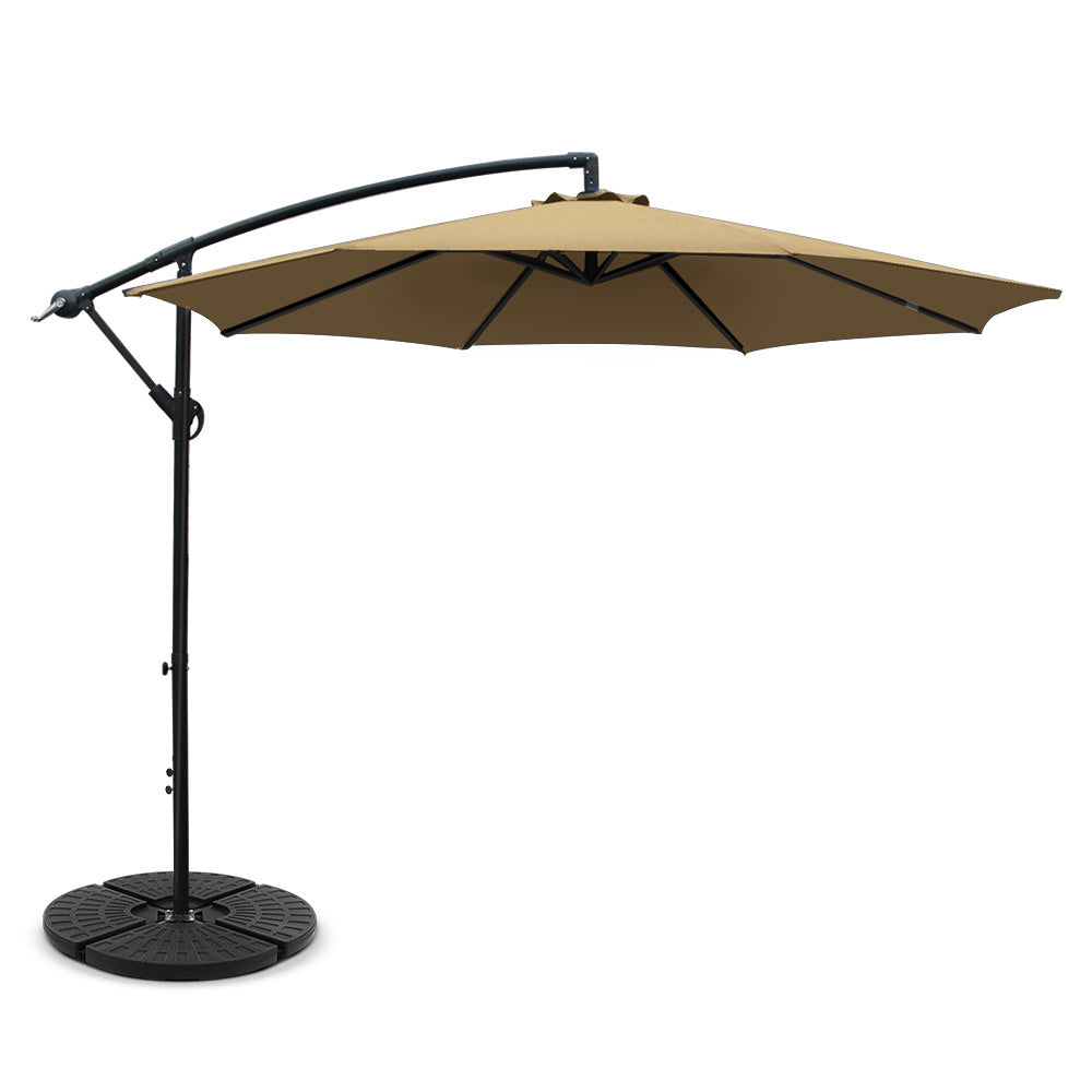 3m Outdoor Umbrella w/Base Cantilever Beach Garden Patio Beige with steel frame and octagonal UV50+ canopy on white background