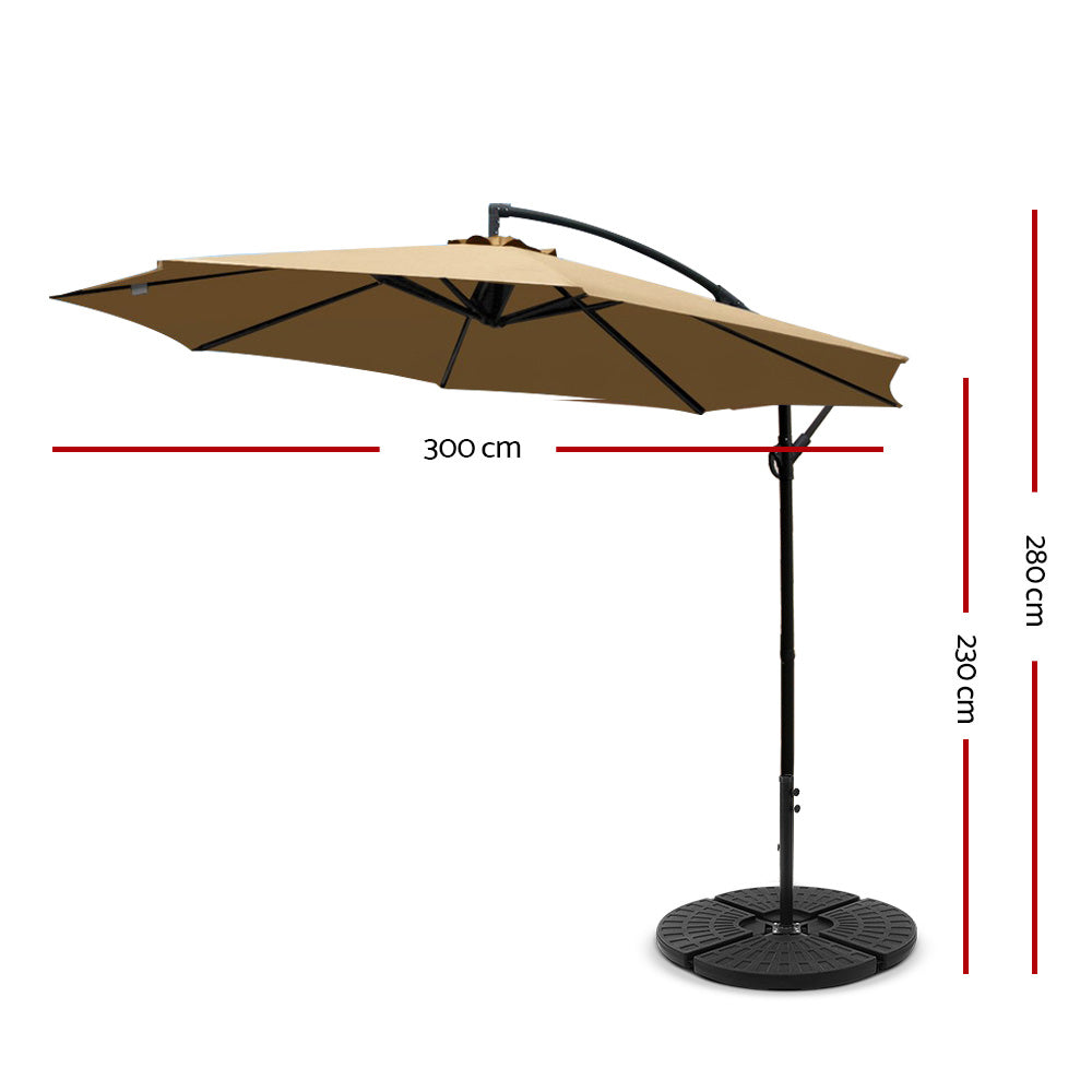 3m Outdoor Umbrella w/Base Cantilever Beach Garden Patio Beige with steel frame and large beige canopy showing dimensions
