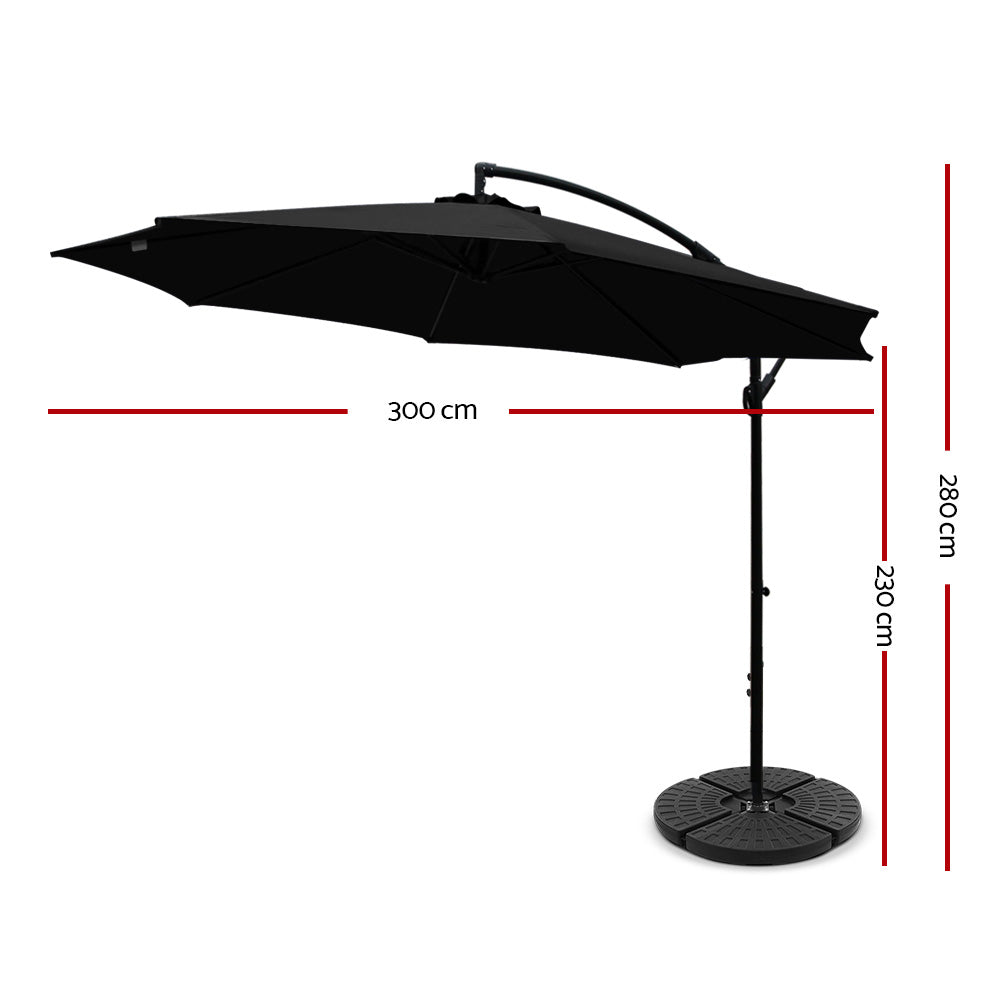 3m Outdoor Umbrella w/Base Cantilever Beach Garden Patio Black with steel frame and octagonal UV50+ canopy measuring 300cm by 280cm