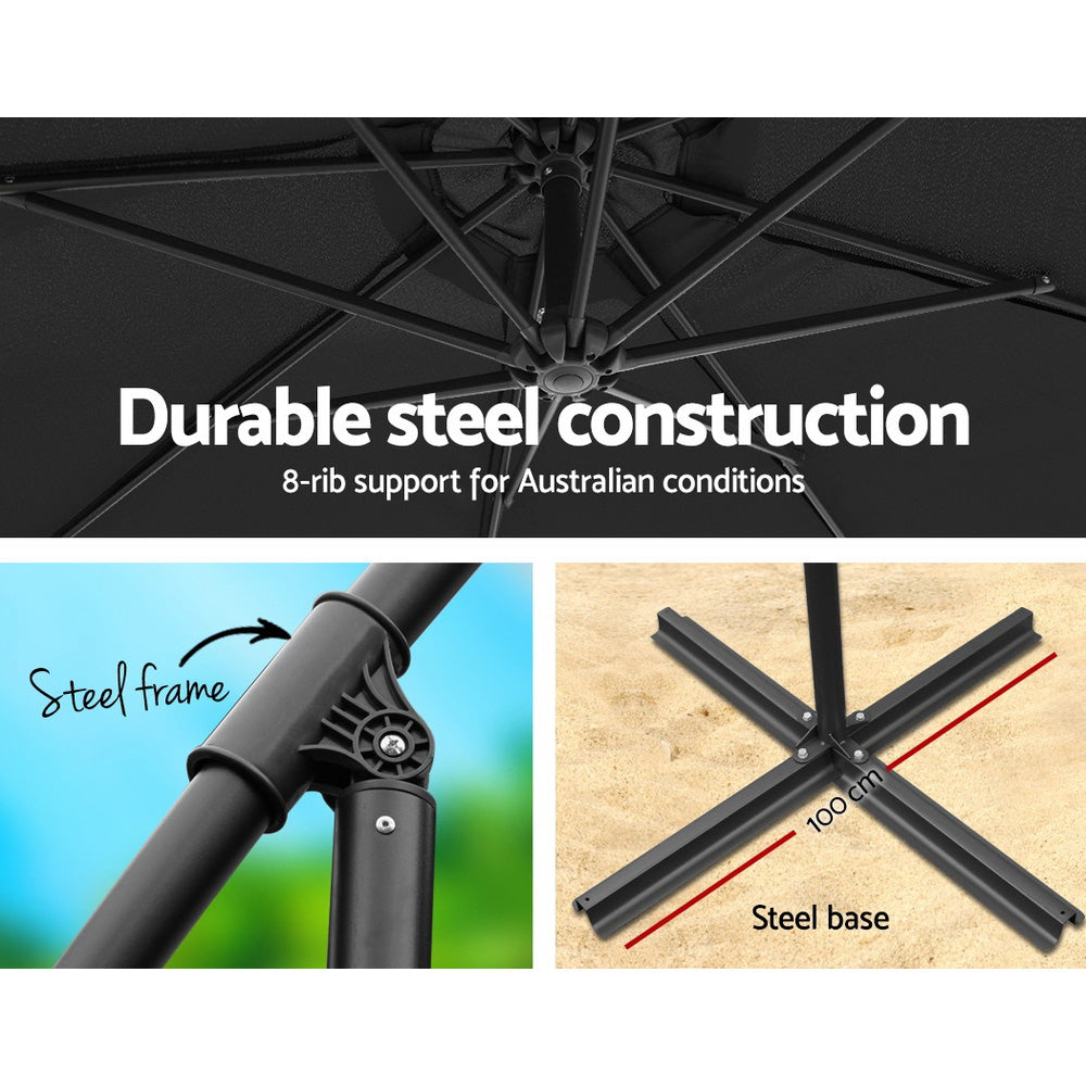 3m Outdoor Umbrella w/Base Cantilever Beach Garden Patio Black with durable steel frame, 8-rib canopy support, and 100cm steel base