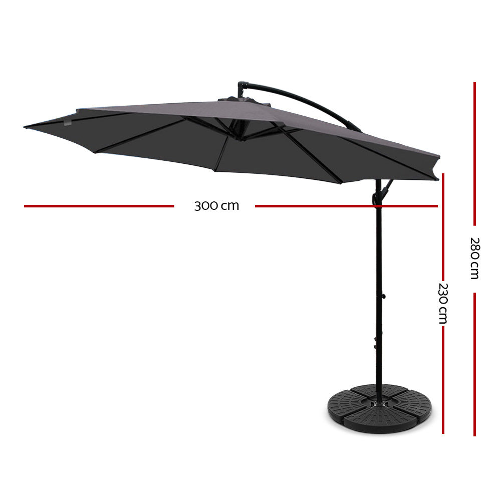 3m Outdoor Umbrella w/Base Cantilever Beach Garden Patio Charcoal with steel frame and octagonal canopy shown with size dimensions