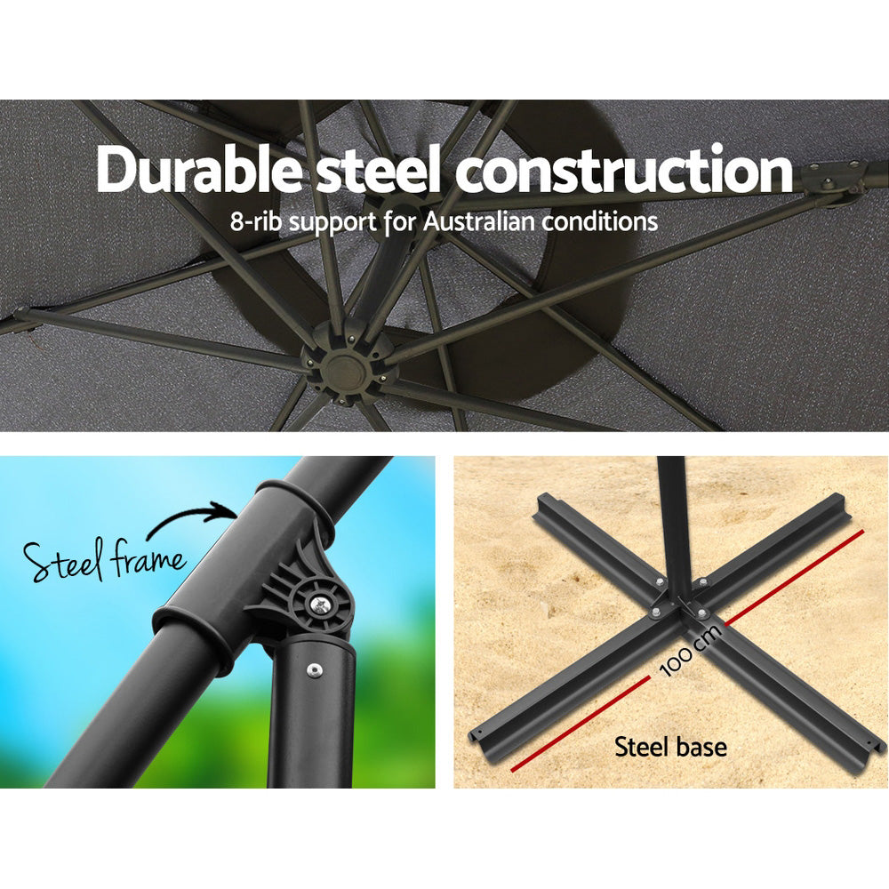 3m Outdoor Umbrella w/Base Cantilever Beach Garden Patio Charcoal showing durable steel frame, 8-rib canopy, and 100cm steel cross base