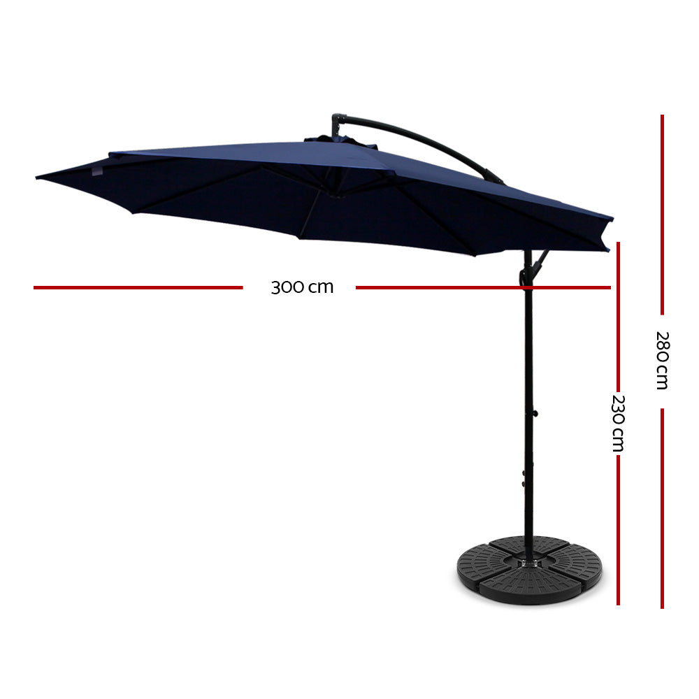 3m Outdoor Umbrella w/Base Cantilever Beach Garden Patio Navy with navy canopy and black metal frame on white background