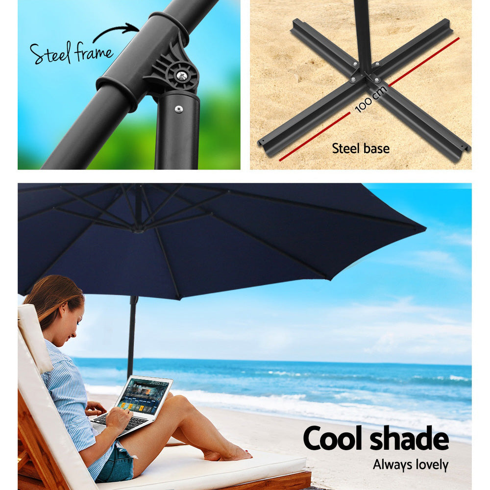 3m Outdoor Umbrella w/Base Cantilever Beach Garden Patio Navy with steel frame, steel cross base, and navy UV50+ canopy shown on beach