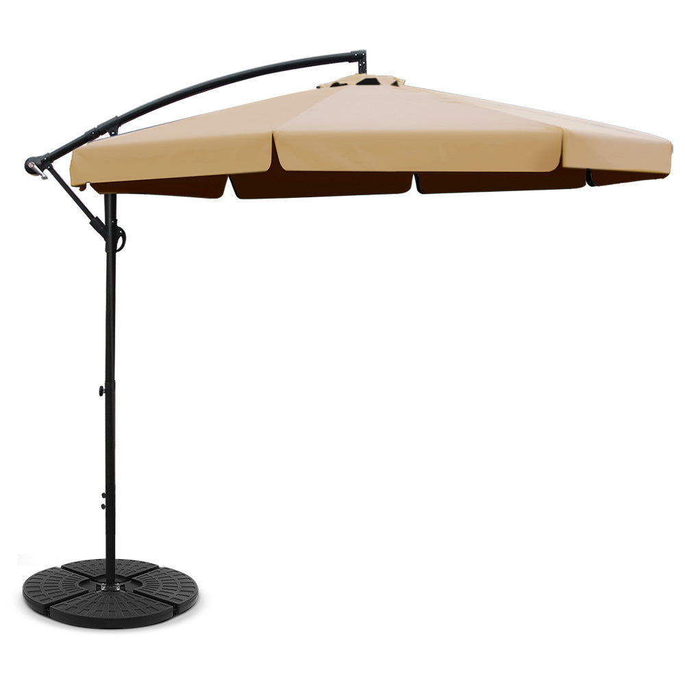 3m Outdoor Umbrella w/Base Cantilever Garden Patio Beach Beige with octagonal canopy and sturdy black steel frame on white background