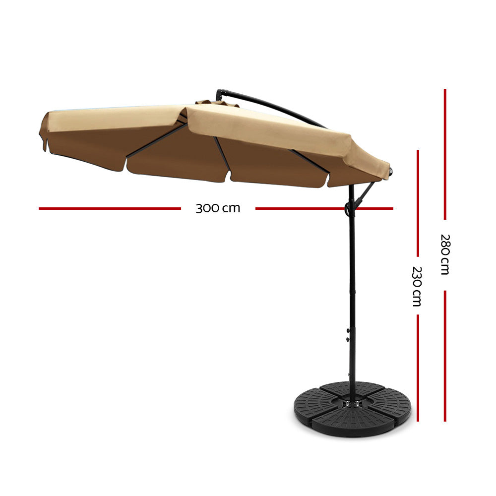 3m Outdoor Umbrella w/Base Cantilever Garden Patio Beach Beige with octagonal canopy and sturdy black metal frame on round base