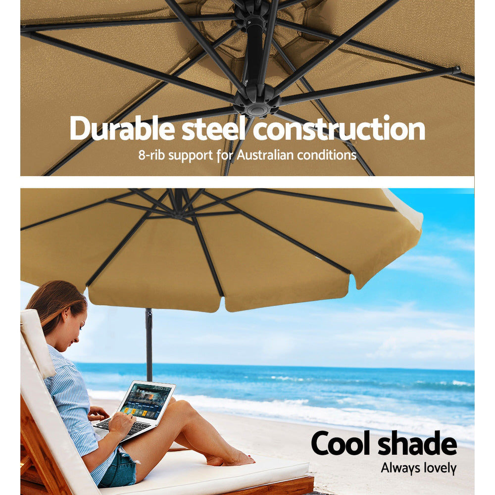 3m Outdoor Umbrella w/Base Cantilever Garden Patio Beach Beige with durable steel frame and UV50+ canopy by the beach