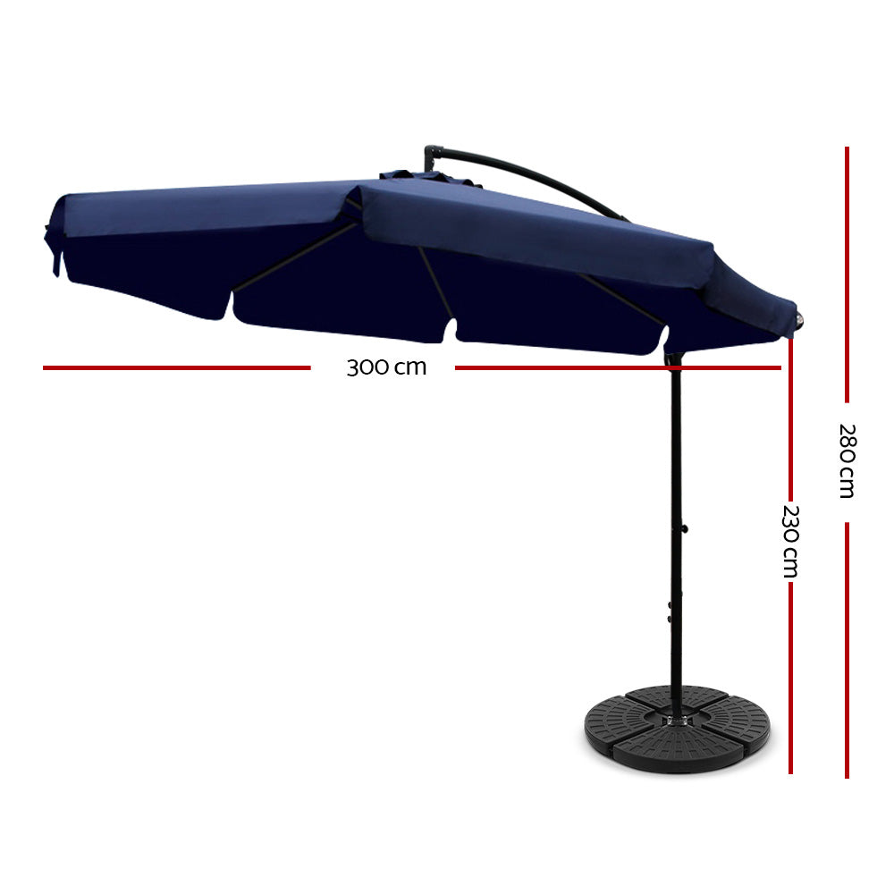 3m Outdoor Umbrella w/Base Cantilever Garden Patio Beach Navy with steel frame and navy blue octagonal canopy on black base