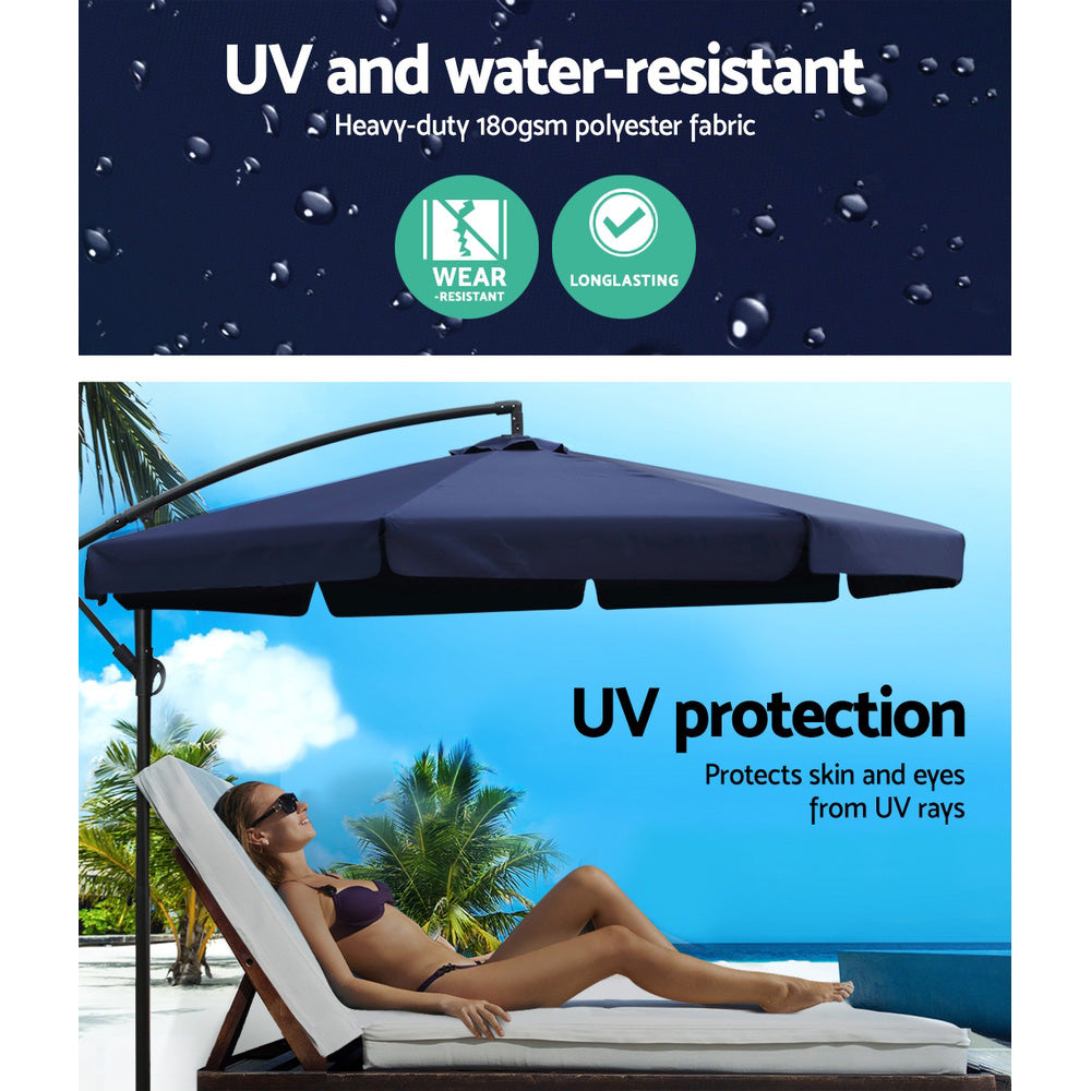 3m Outdoor Umbrella w/Base Cantilever Garden Patio Beach Navy with UV50+ canopy and robust steel frame by a poolside sunbather