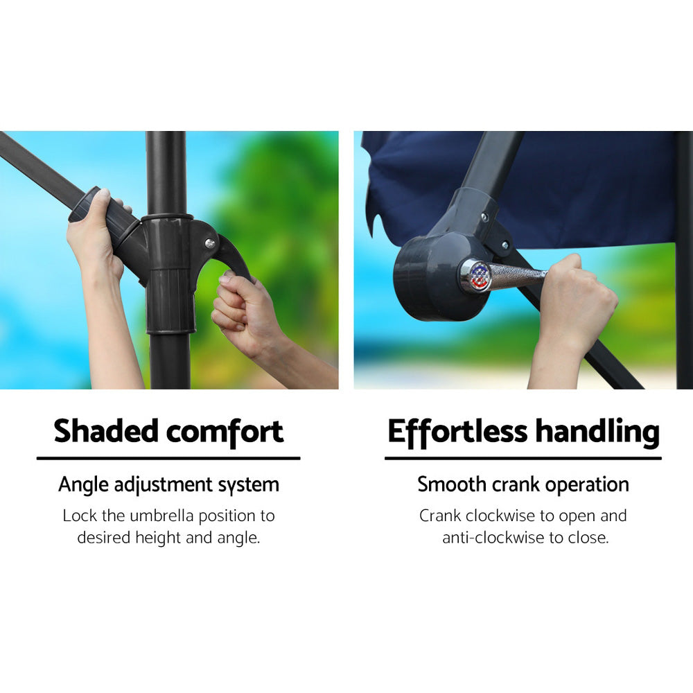 Hands adjusting angle and crank on 3m Outdoor Umbrella w/Base Cantilever Garden Patio Beach Navy showing ease of use and comfort features