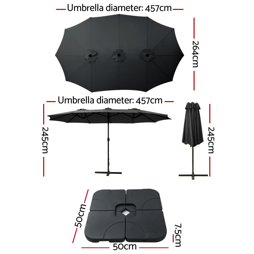 4.57m Outdoor Umbrella w/Base Stand Beach Pole Garden Tilt Black with dimensions and folded view on white background