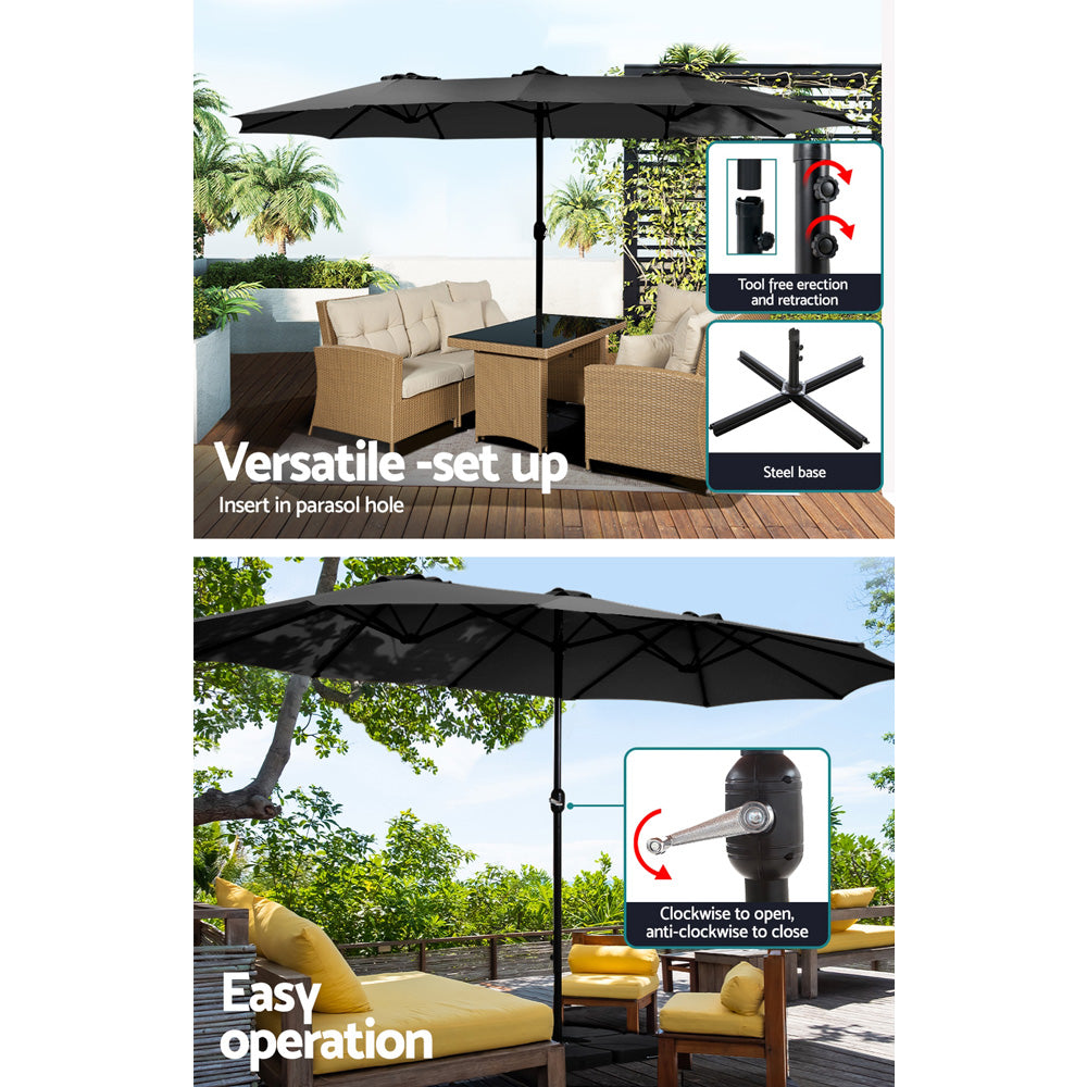 4.57m Outdoor Umbrella w/Base Stand Beach Pole Garden Tilt Black with steel base and easy tilt mechanism in outdoor seating areas