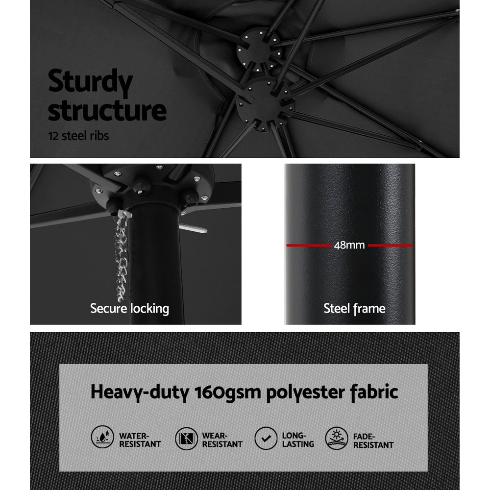 4.57m Outdoor Umbrella w/Base Stand Beach Pole Garden Tilt Black showing steel frame, locking mechanism, and heavy-duty polyester fabric