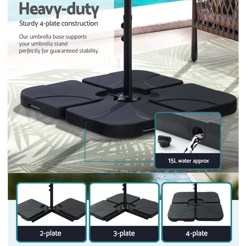 4.57m Outdoor Umbrella w/Base Stand Beach Pole Garden Tilt Black with heavy-duty 4-plate base for stability and water fill option