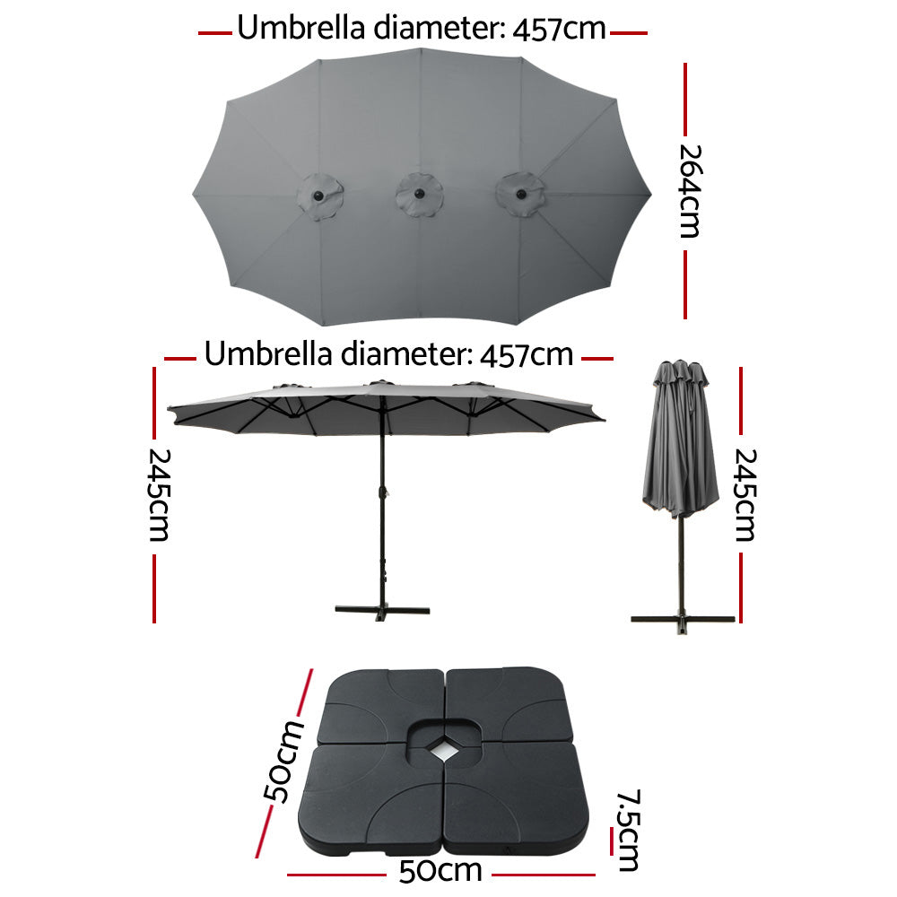 4.57m Outdoor Umbrella w/Base Stand Beach Pole Garden Tilt Charcoal with dimensions and base parts shown on white background