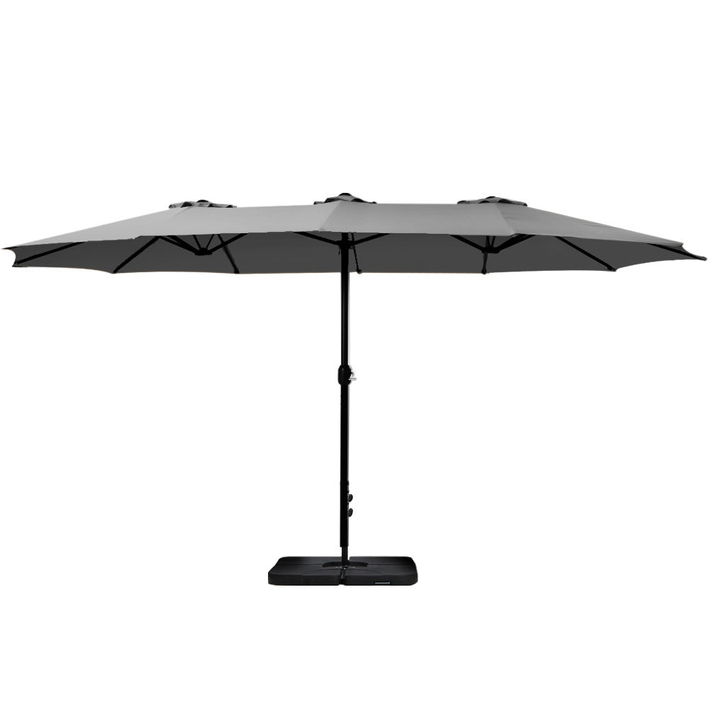 4.57m Outdoor Umbrella w/Base Stand Beach Pole Garden Tilt Charcoal with large double canopy and sturdy base stand on white background