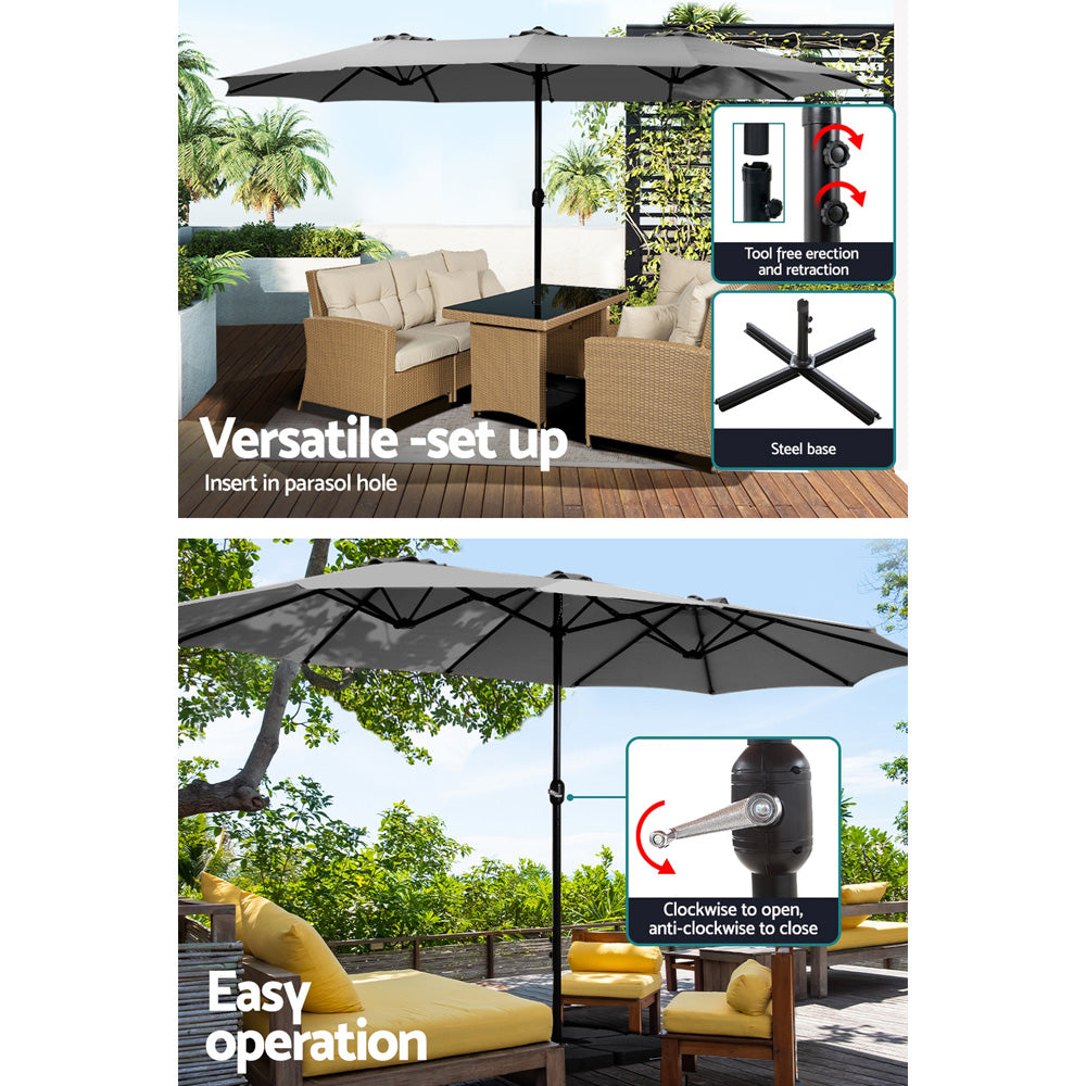 4.57m Outdoor Umbrella w/Base Stand Beach Pole Garden Tilt Charcoal shown on patio with seating and close-ups of tilt and base mechanisms