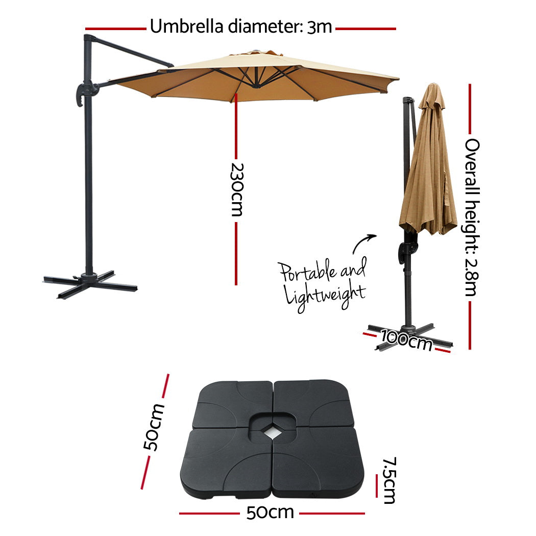 3m Outdoor Umbrella w/Base Cantilever Beach Roma 360 Degree Tilt Beige with aluminium frame and octagonal canopy showing dimensions and base parts