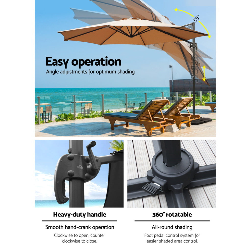 3m Outdoor Umbrella w/Base Cantilever Beach Roma 360 Degree Tilt Beige with adjustable canopy, heavy-duty handle, and 360° rotatable base