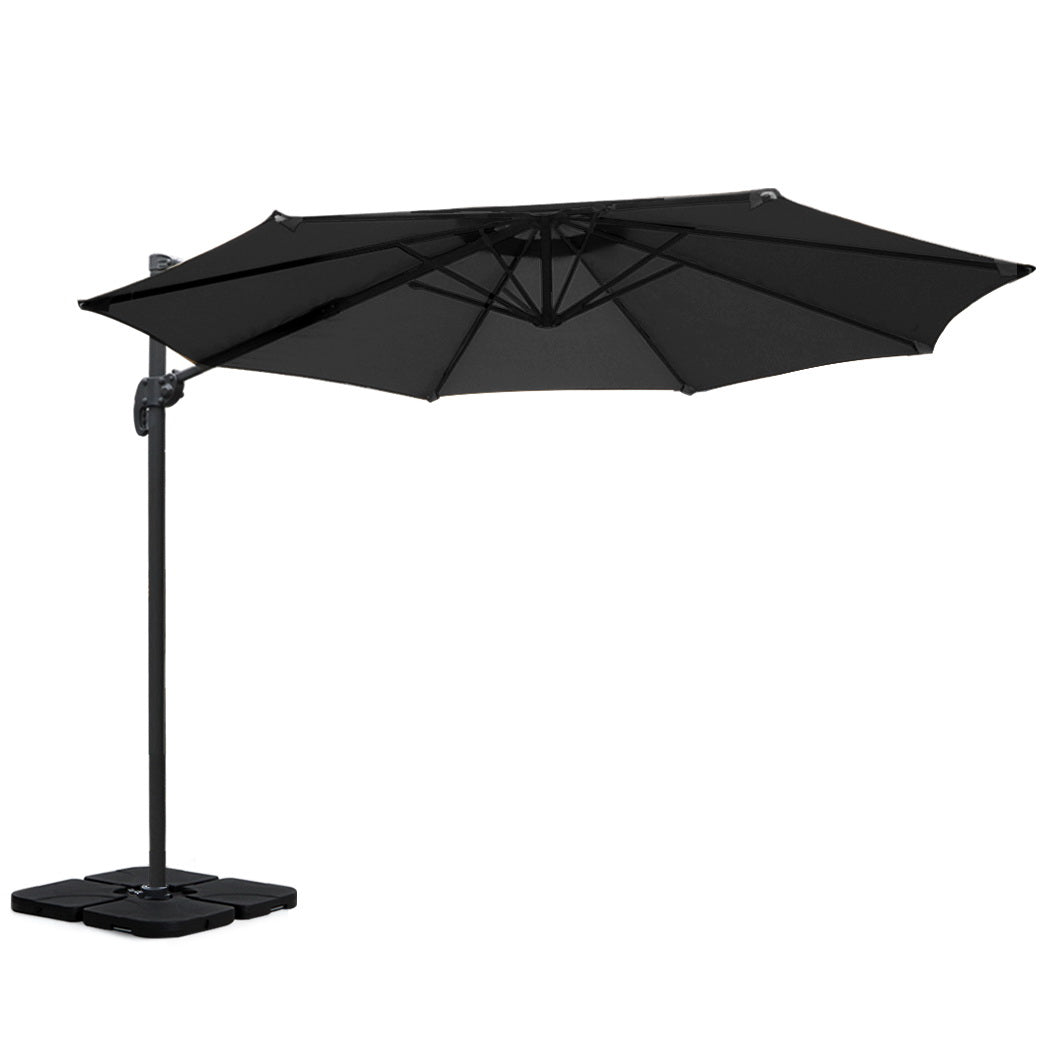 3m Outdoor Umbrella w/Base Cantilever Beach Roma 360 Degree Tilt Black with octagonal canopy and sturdy base on white background