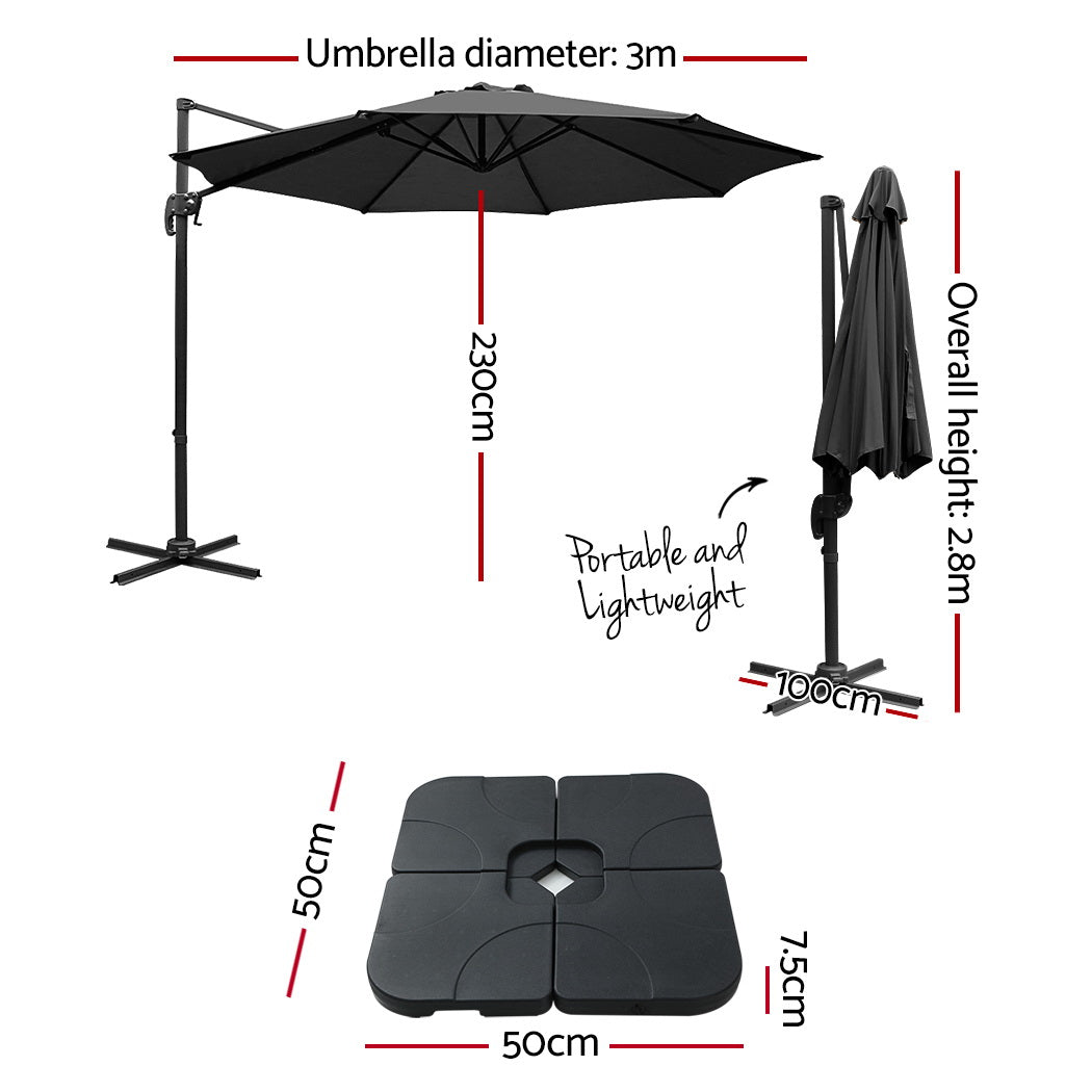 3m Outdoor Umbrella w/Base Cantilever Beach Roma 360 Degree Tilt Black with aluminium frame and octagonal canopy