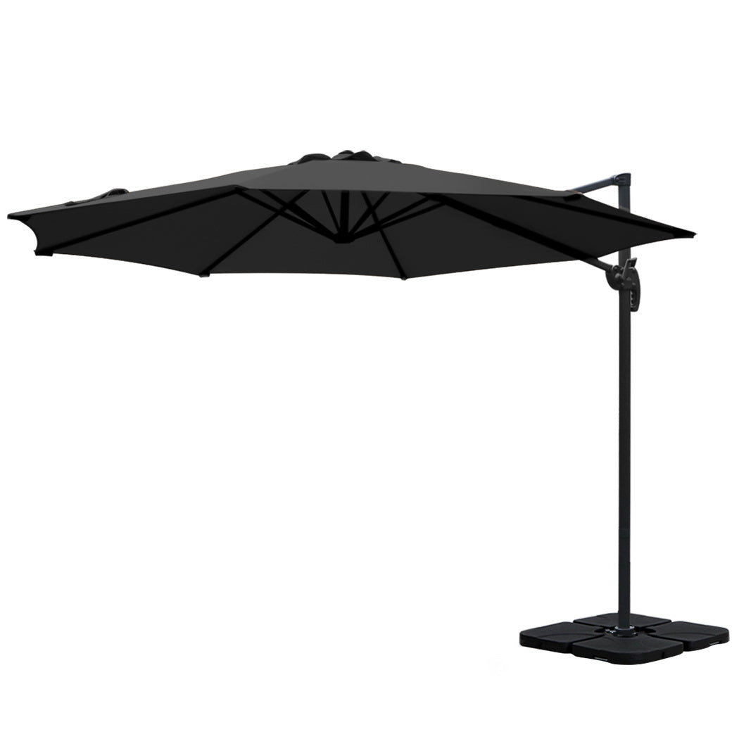3m Outdoor Umbrella w/Base Cantilever Beach Roma 360 Degree Tilt Black with octagonal canopy and sturdy base on white background