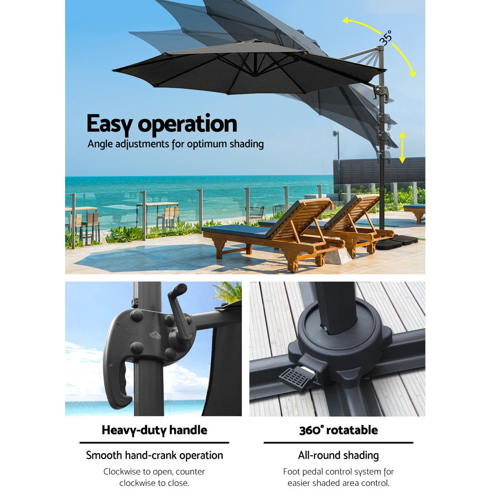 3m Outdoor Umbrella w/Base Cantilever Beach Roma 360 Degree Tilt Black showing adjustable tilt, heavy-duty crank, and rotatable base outdoors