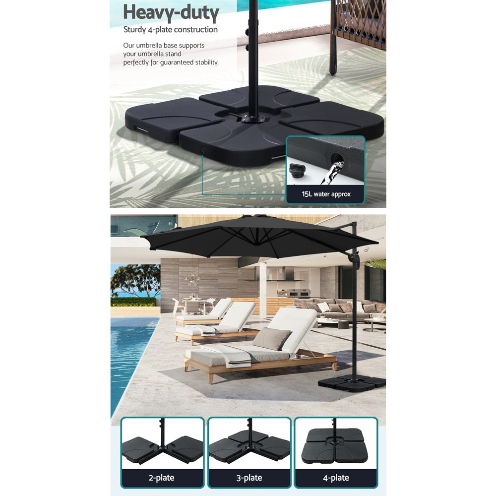 3m Outdoor Umbrella w/Base Cantilever Beach Roma 360 Degree Tilt Black with sturdy 4-plate support and water fillable base shown by poolside