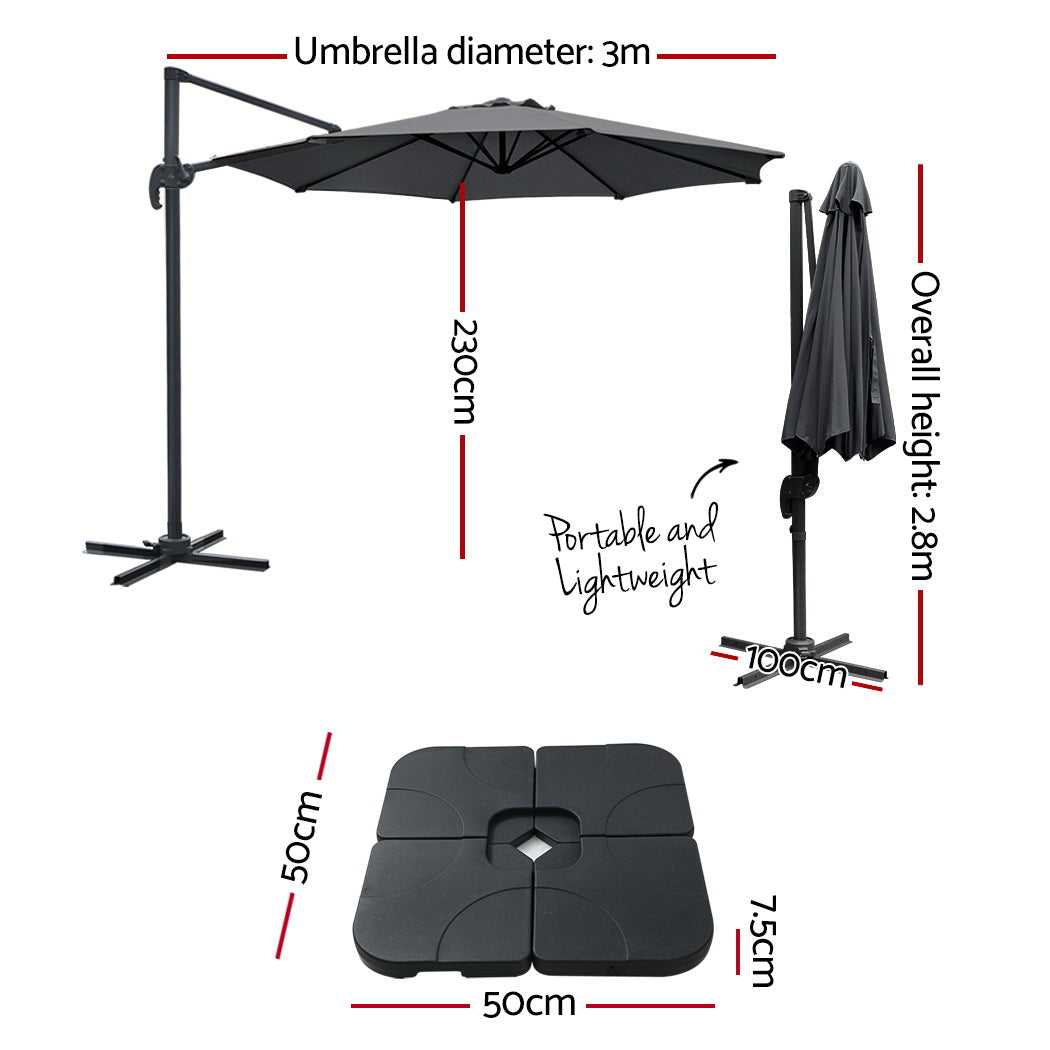 3m Outdoor Umbrella w/Base Cantilever Beach Roma 360 Degree Tilt Charcoal with dimensions and portable lightweight design shown