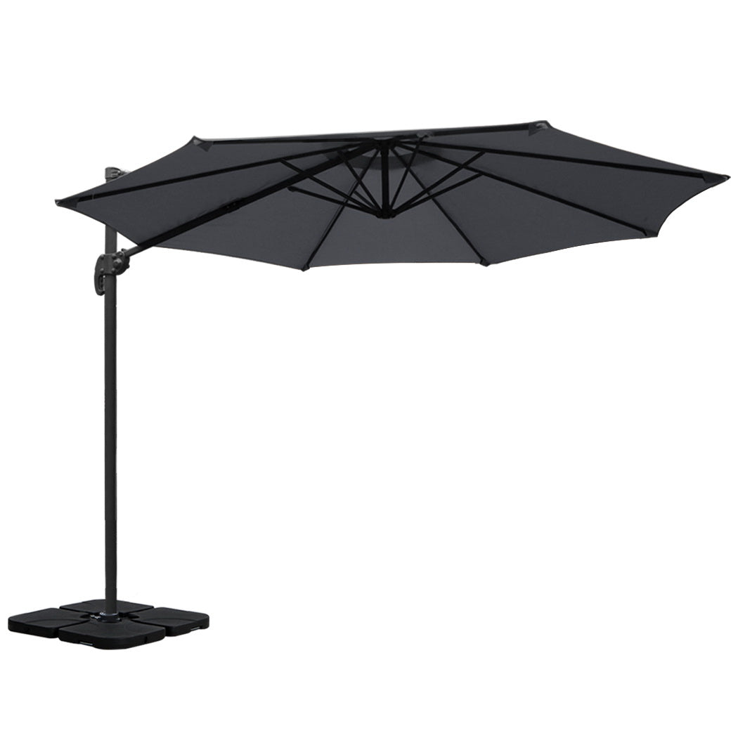 3m Outdoor Umbrella w/Base Cantilever Beach Roma 360 Degree Tilt Charcoal with aluminum frame and octagonal canopy