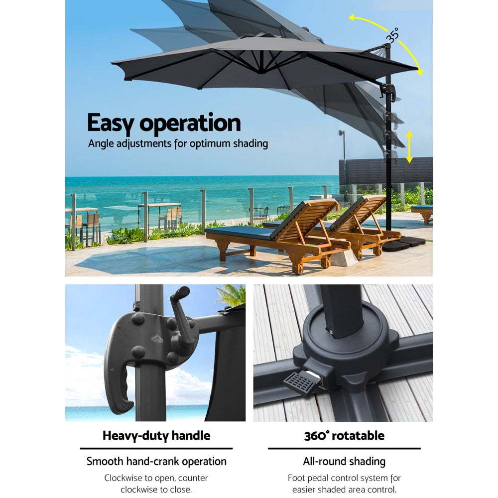 3m Outdoor Umbrella w/Base Cantilever Beach Roma 360 Degree Tilt Charcoal with adjustable tilt, hand-crank, and rotatable base outdoors by poolside
