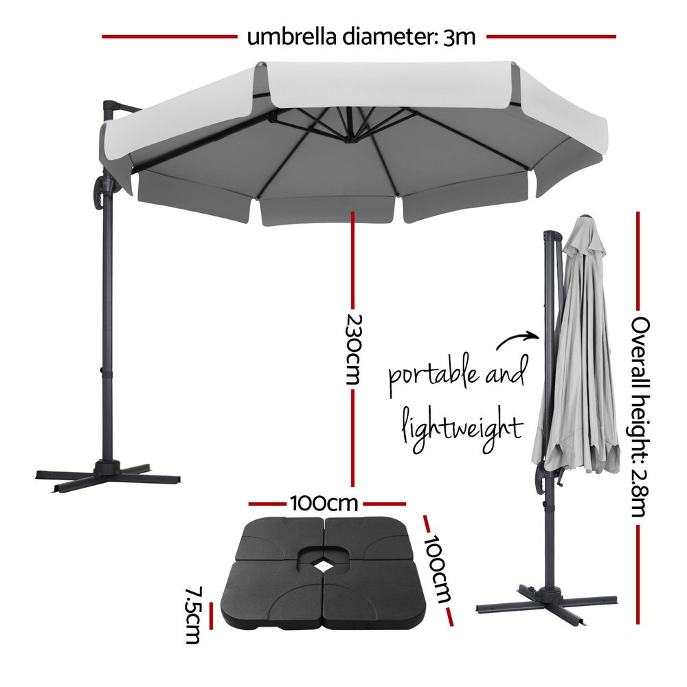 3m Outdoor Umbrella w/Base Cantilever Beach Roma 360 Degree Tilt Grey with portable design and adjustable height and base dimensions