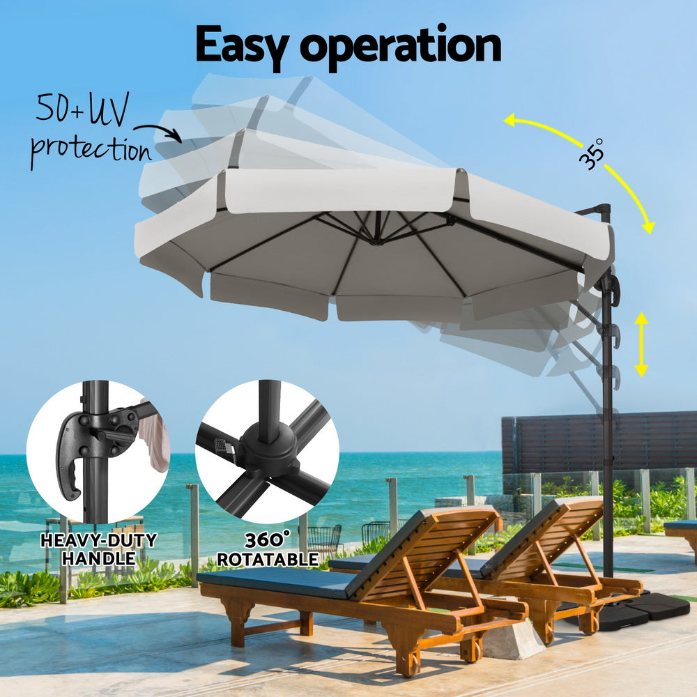 3m Outdoor Umbrella w/Base Cantilever Beach Roma 360 Degree Tilt Grey with adjustable tilt, 360° rotation, and heavy-duty handle