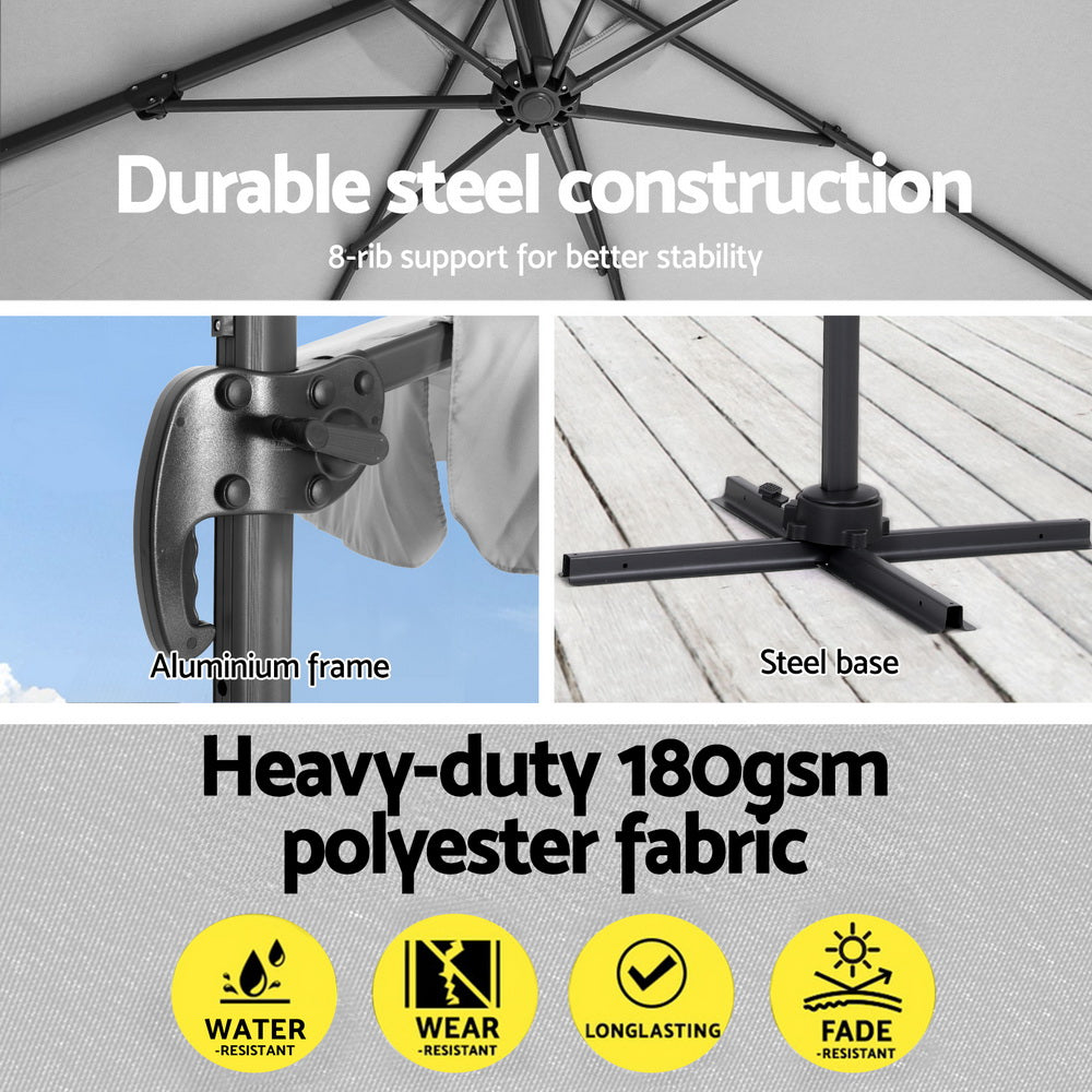 3m Outdoor Umbrella w/Base Cantilever Beach Roma 360 Degree Tilt Grey with durable steel frame and water-resistant polyester fabric