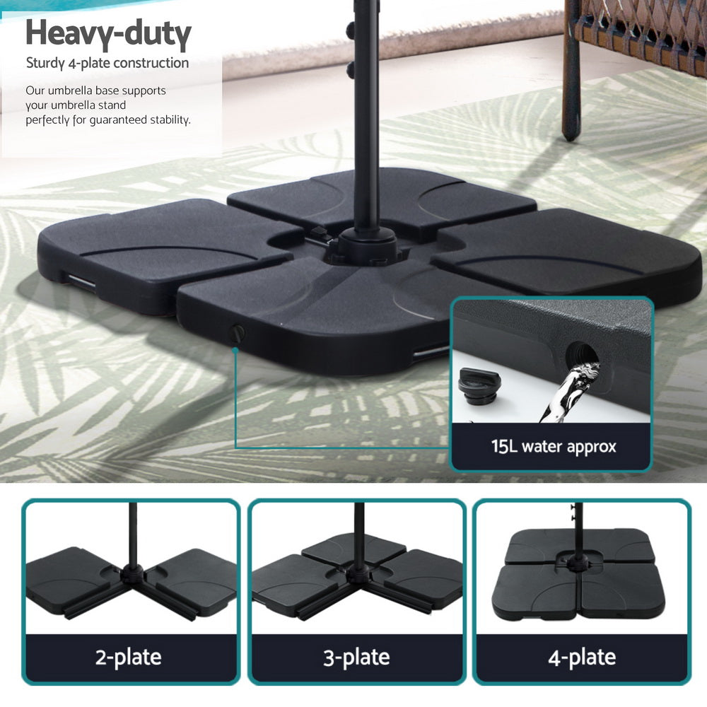 3m Outdoor Umbrella w/Base Cantilever Beach Roma 360 Degree Tilt Grey with heavy-duty 4-plate base for stability on outdoor surface