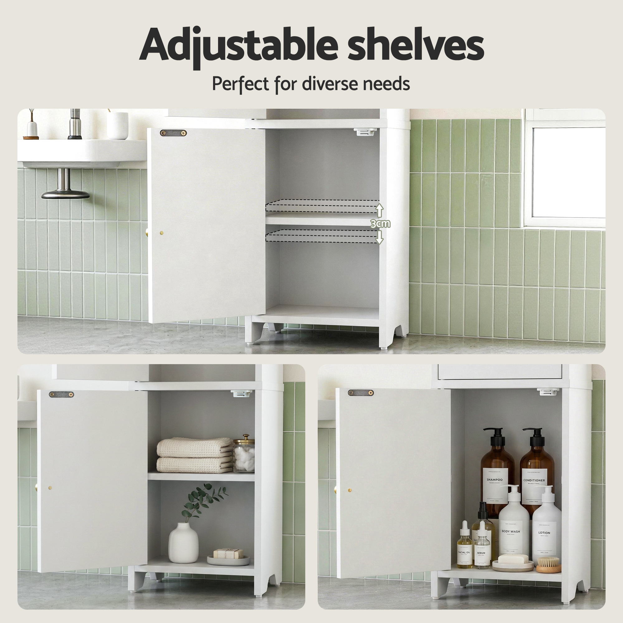 Slim 2-Tier Bathroom Storage Cabinet with Adjustable Shelves - White