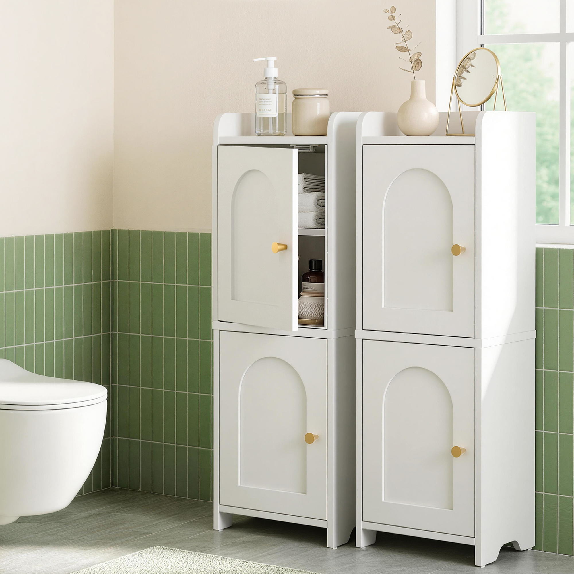 2-Tier Slim Bathroom Storage Cabinet Set with Adjustable Shelves - White