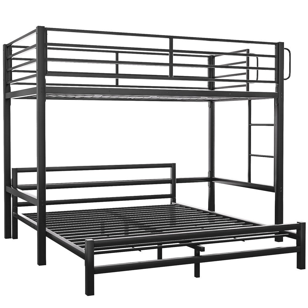 Single Loft Bed And Double Underbed, Multifunctional, Space Saving with Fixed Ladder, Matte Dark Grey