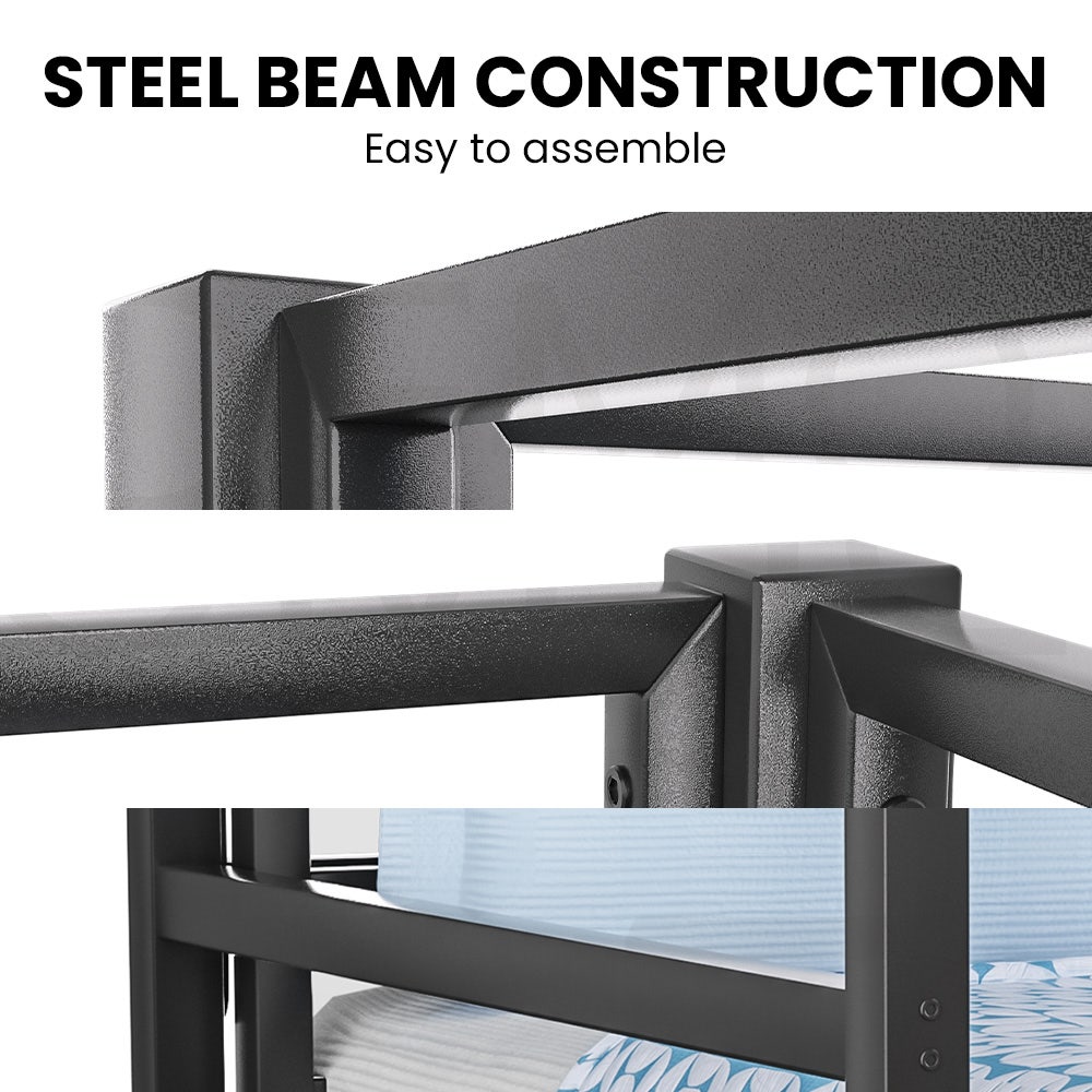 Single Loft Bed And Double Underbed, Multifunctional, Space Saving with Fixed Ladder, Matte Dark Grey